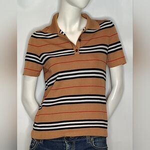 Striped Tan Knit Polo Shirt China Buttons City  Sz Small